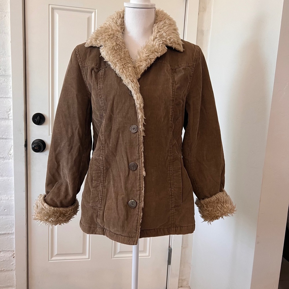 Braetan Womens Brown Corduroy Faux Shearling Trim Quilted Barn Jacket Size M